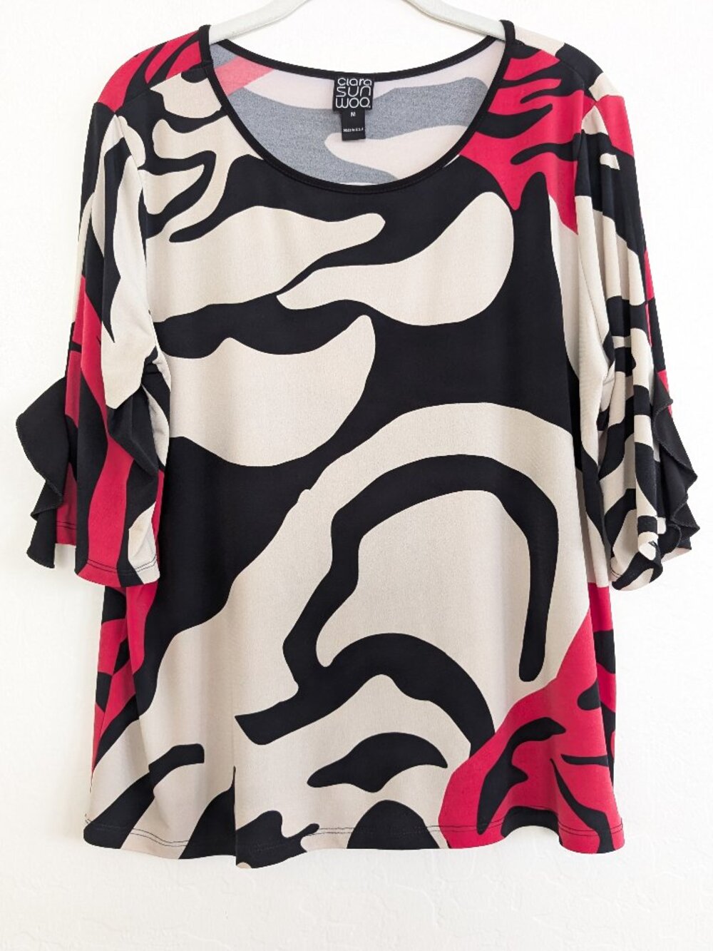 CLARA SUN WOO Top Womens M Multicolor Abstract Round Neck Ruffle Accent Pullover - Picture 2 of 10